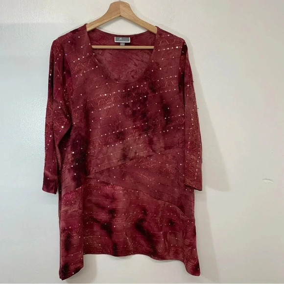 JM Collection Top Woman Large  Pink Maroon Sequins Embroidery 3/4 Sleeve - Picture 1 of 11